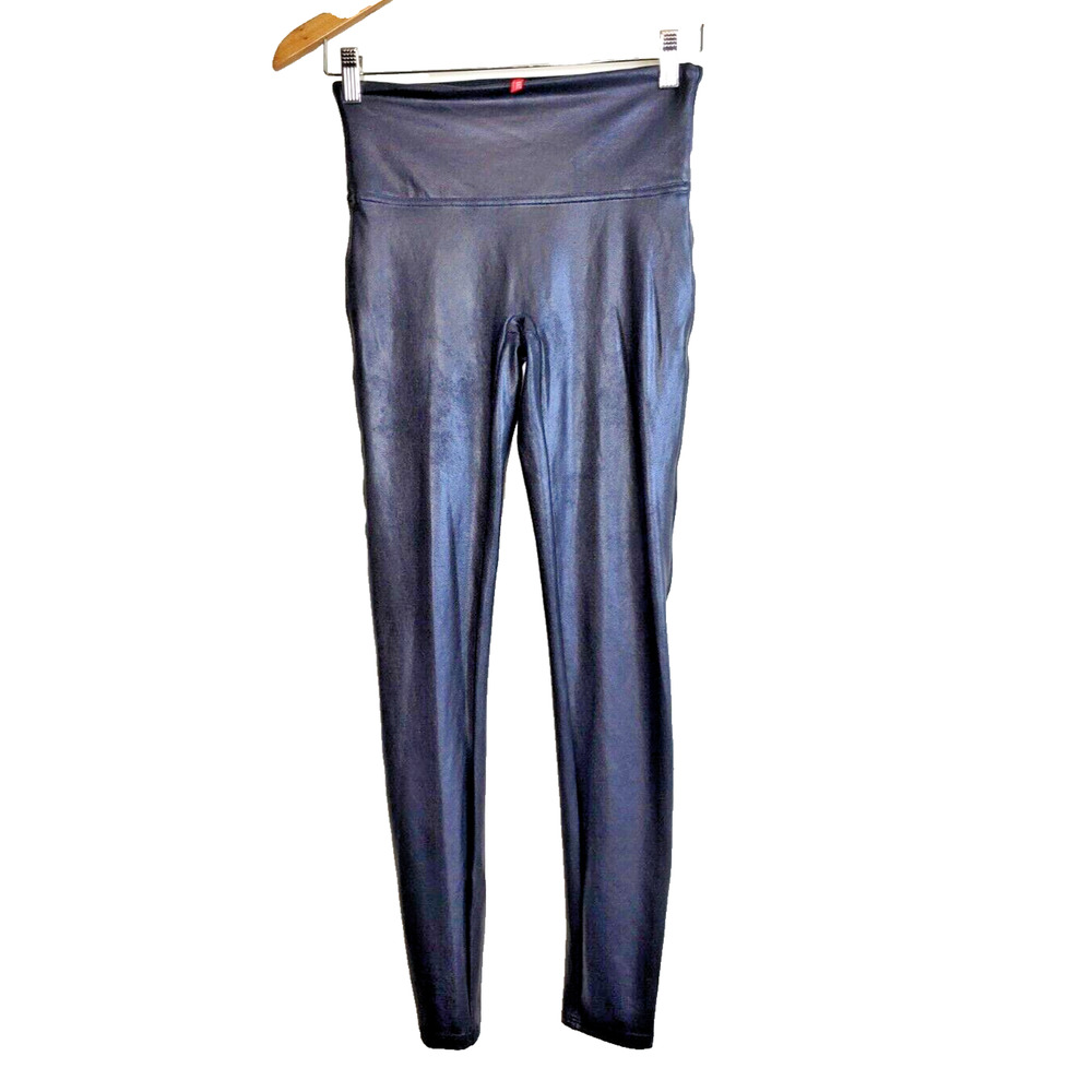 Spanx Womens Medium Black Faux Leather Leggings Skinny Shiny High Rise Shapewear